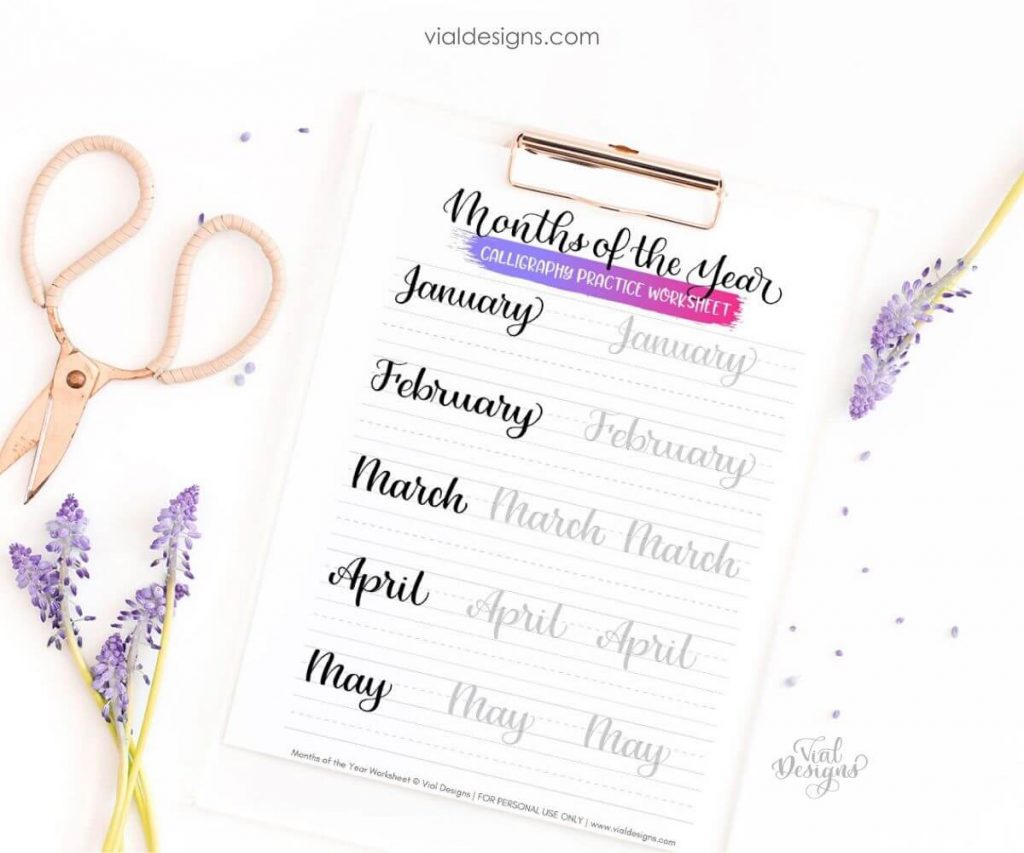 1st page months of the year calligraphy worksheet displayed