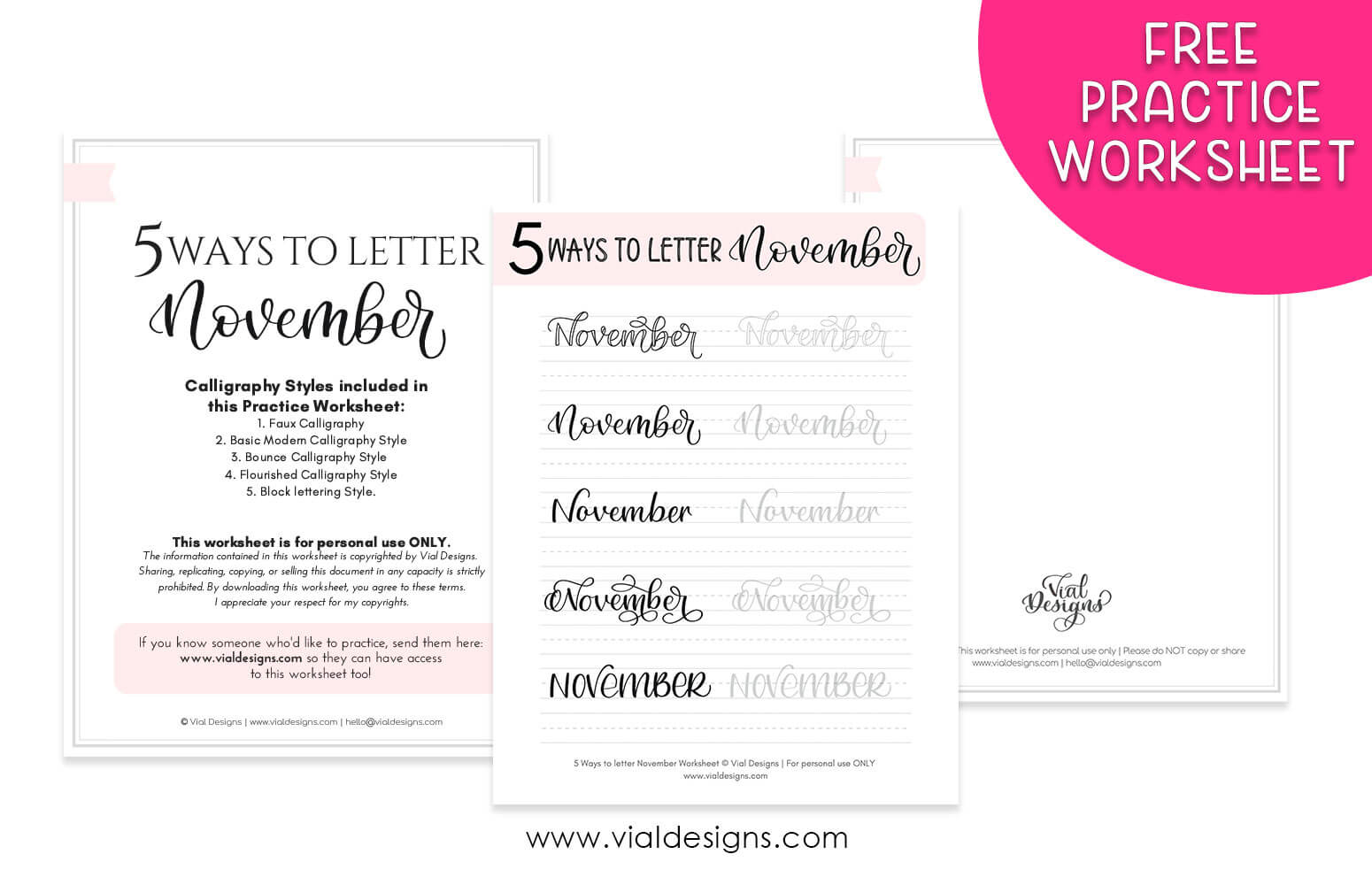 three page display of the free lettering worksheet 5 ways to letter November by Vial Designs