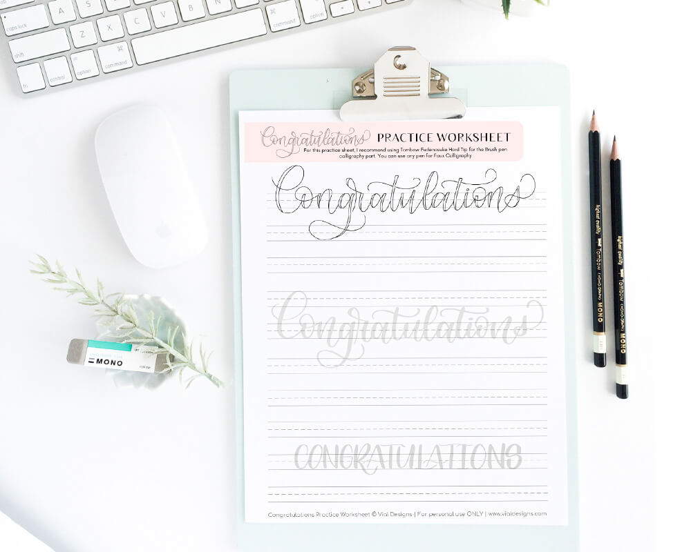 CONGRATULATIONS Free Calligraphy Worksheet on a White Background with gold pen