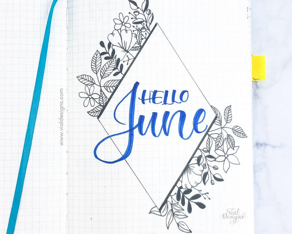 June Cover page for my Bullet Journal Set up with a Diamond and florals drawings around it | Vial Designs