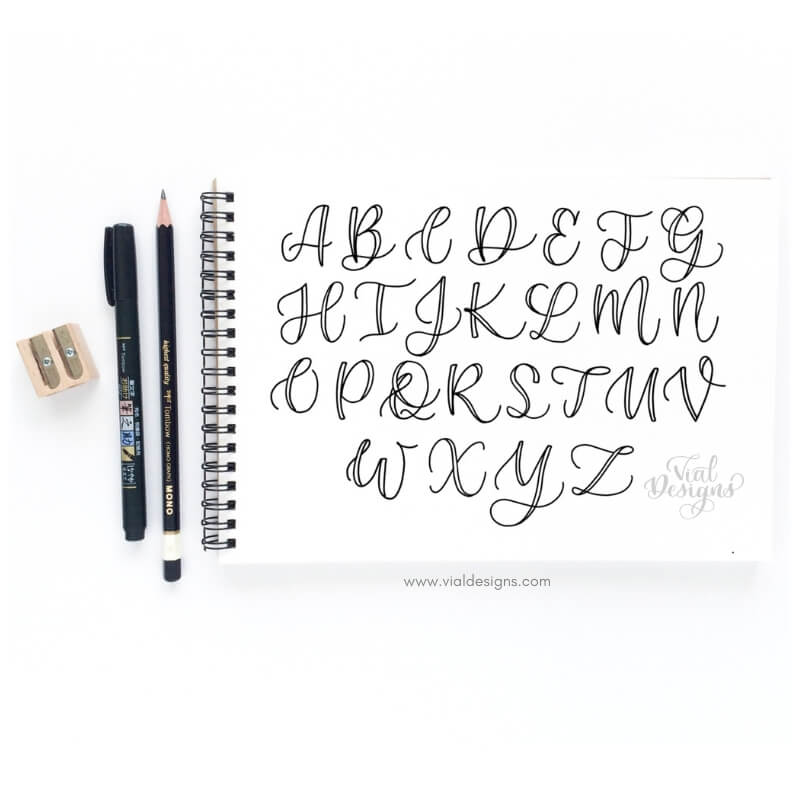 Calligraphy Alphabet by Vial Designs | Faux Calligraphy Tutorial | Learn How to make Faux Calligraphy Uppercase Letters | Step-by-step tutorial to create beautiful uppercase letters plus free calligraphy worksheet | Free Calligraphy Practice Sheet