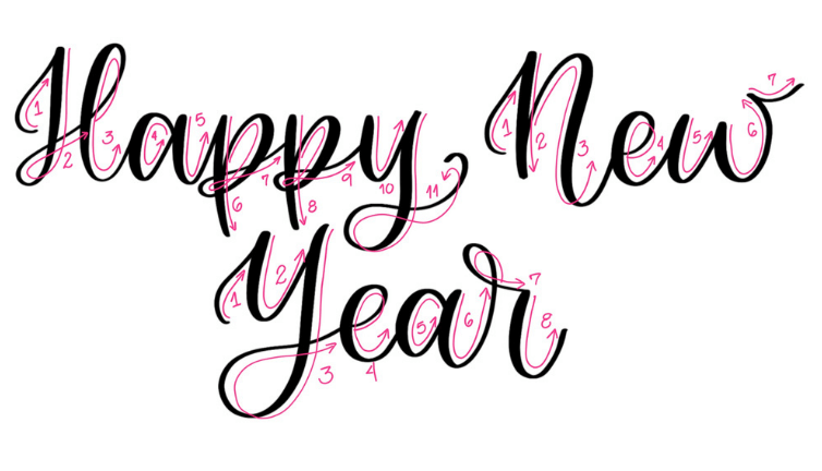 Happy New Year in Modern Calligraphy | How to write Happy New Year in Calligraphy by Vial Designs | Happy New Year Calligraphy Tutorial | Free Calligraphy Practice Worksheet