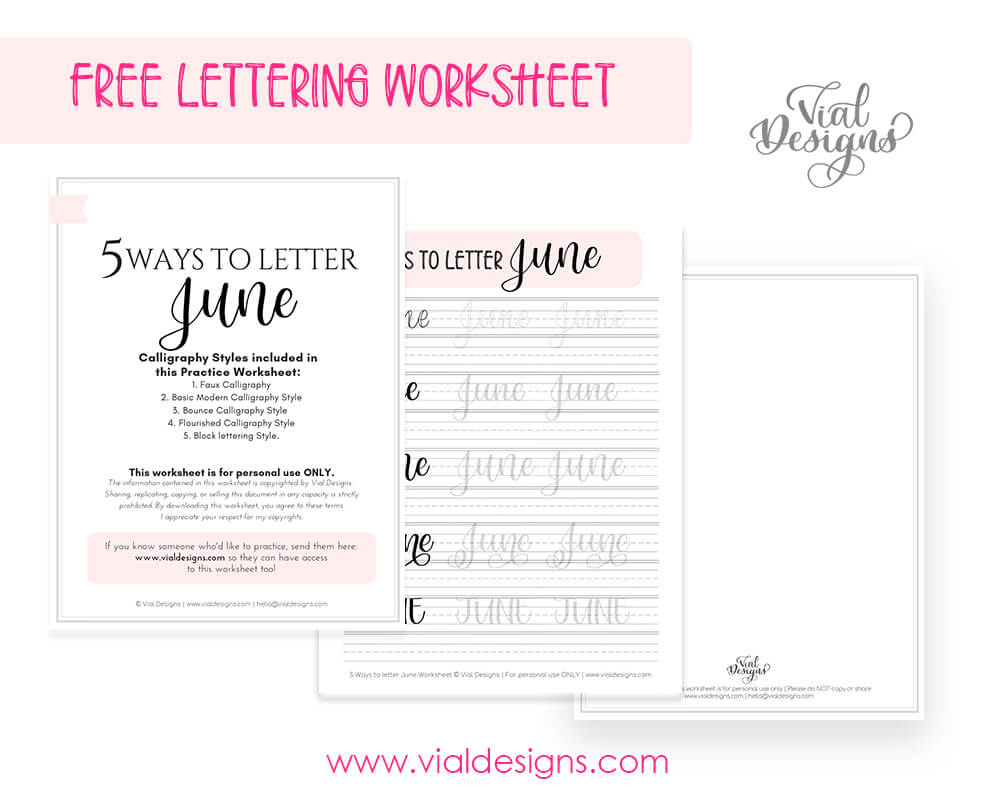 Three page displayed of the 5 ways to letter june calligraphy worksheet