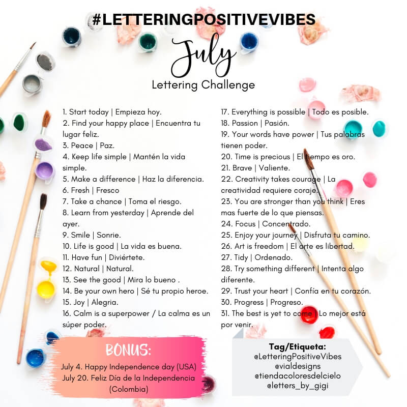 July 2019 Lettering Positive Vibes Challenge List of Daily Prompts | inspirational quote and words