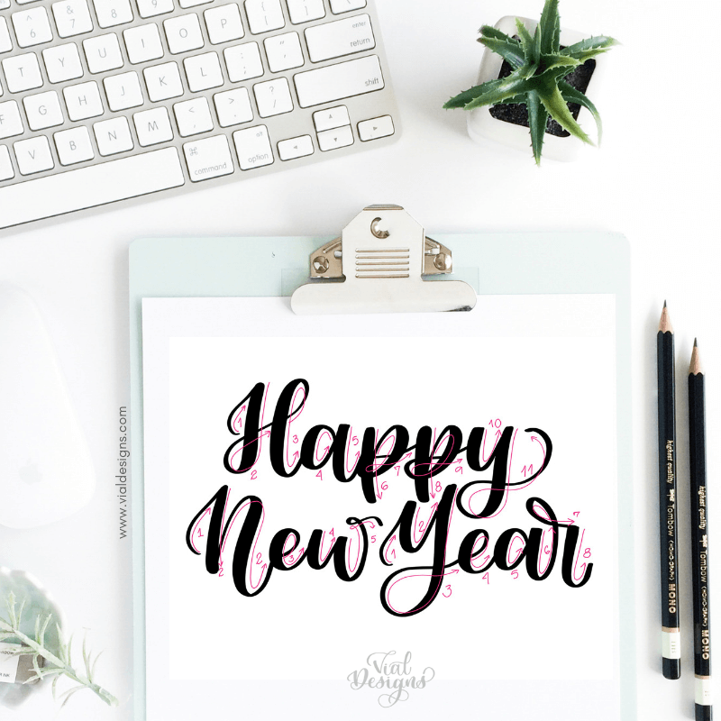 Large Brush Pen_Happy New Year in Modern Calligraphy | How to write Happy New Year in Calligraphy by Vial Designs | Happy New Year Calligraphy Tutorial | Free Calligraphy Practice Worksheet