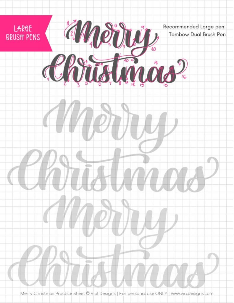 Merry Christmas Free Calligraphy Practice Sheet by Vial Designs | Free Faux Calligraphy Practice Sheet | Free Calligraphy Practice Worksheet