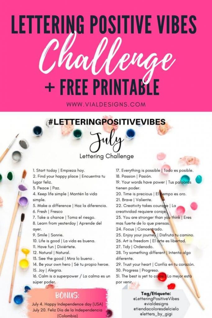 Lettering Positive Vibes July 2019 Pinterest Graphic with Prompts