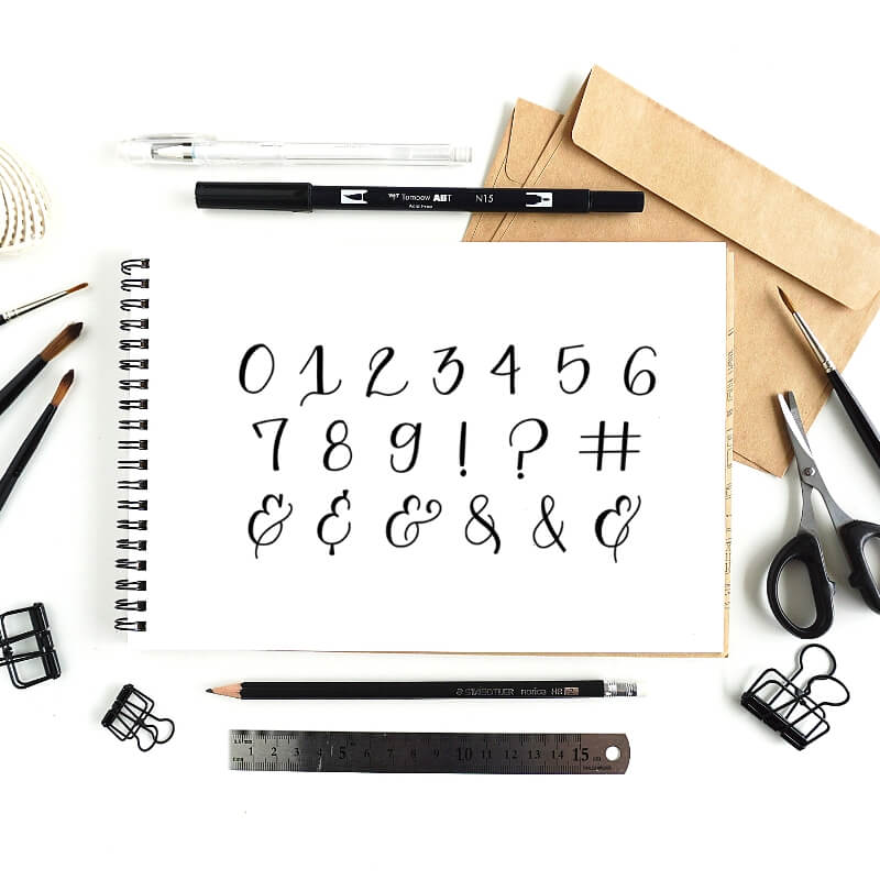 Faux Calligraphy Tutorial – Numbers & Symbols + Free Calligraphy Worksheet