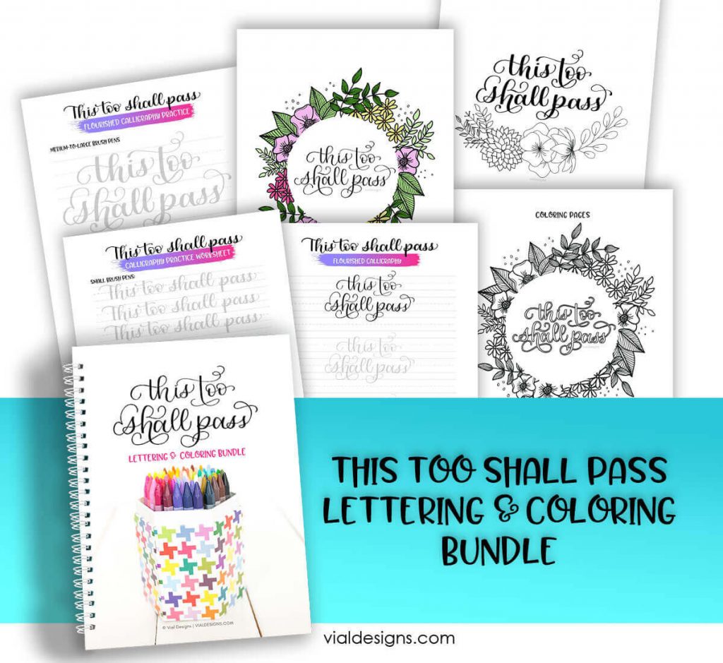 This too shall pass lettering and coloring bundle workbook Displayed by Vial Designs