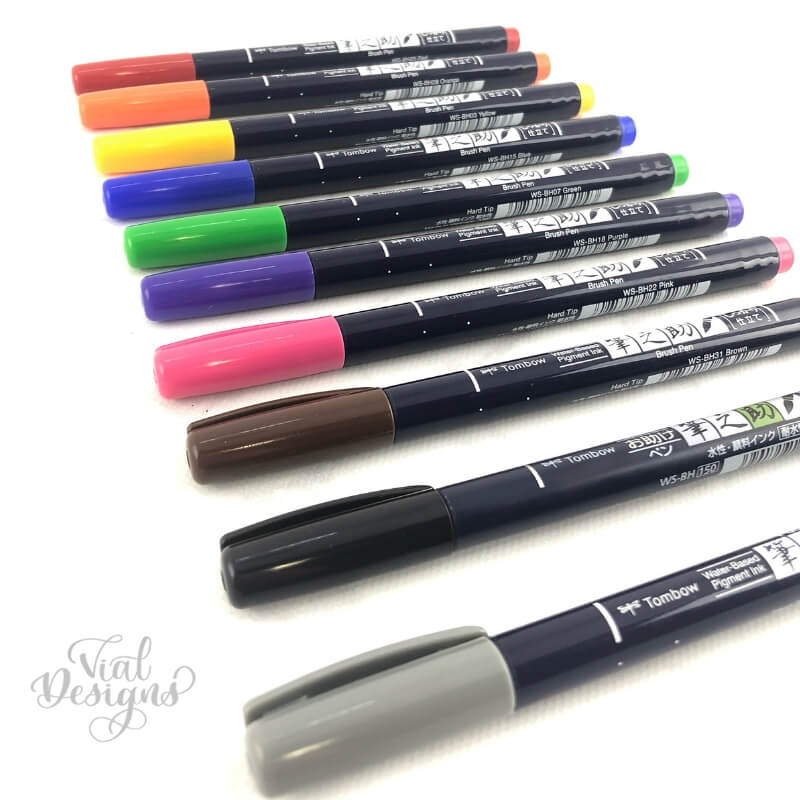 Tombow Fudenosuke Colors Pen Review by Vial Designs | Pack of 10 Tombow Fudenosuke Colors Brush Calligraphy Pens