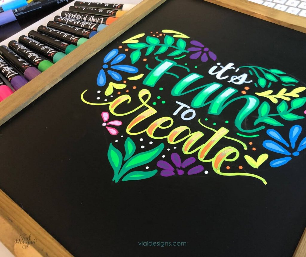 other side angle picture of the chalkboard lettering sign it's fun to create